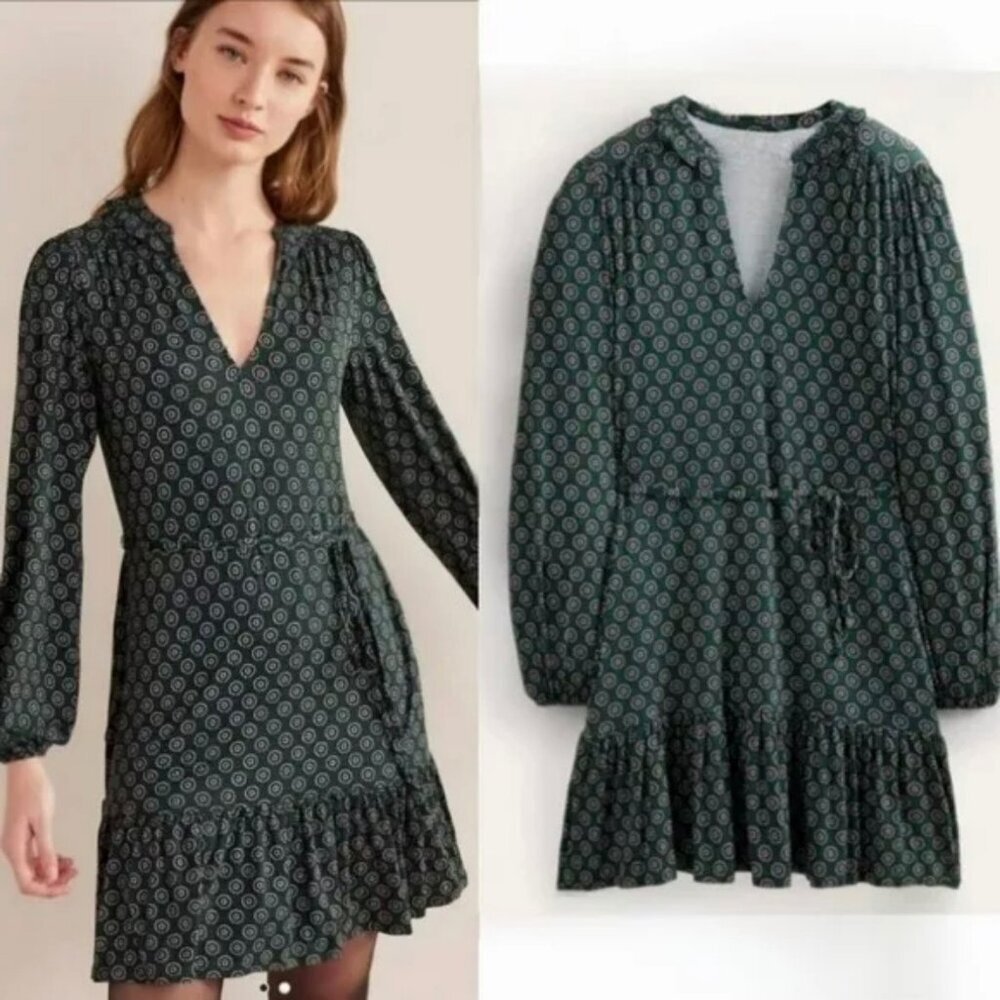 Boden Notched Neck Jersey‎ Dress Women 8 Long Tall Green Sunflower Knee Stretch